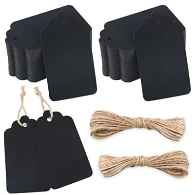Abbildung von jijAcraft Geschenkanhänger Kraftpapier Anhänger Etiketten 7x4 cm, 100 Stück Tags und 20 Meter Juteschnur, für Basteln Weihnachts Hochzeits Geschenke (Schwarz)