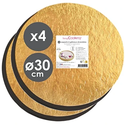 Abbildung von ScrapCooking 4er Set Tortenunterlage Rund Ø 30 cm Cake Board Karton Gold &amp; Schwarz Große Tortenplatte XXL Kuchenplatte Cakeboard für Torten Kuchen Geburtstag 5215