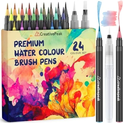 Abbildung von Creativepeak Aquarell Pinselstifte, 24 lebendige Farbmarker mit weicher Spitze und 2 Mischpinseln, Pinselstift Set für Kalligraphie Schrift
