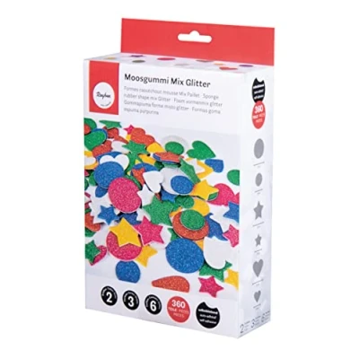 Abbildung von Rayher Moosgummi Mix Glitter selbstklebend, bunt, 2+3cm Ø, Box 360 Stück, 3 Formen, 6 Farben, Schaumstoff Sticker, Aufkleber, zum Dekorieren 30237999