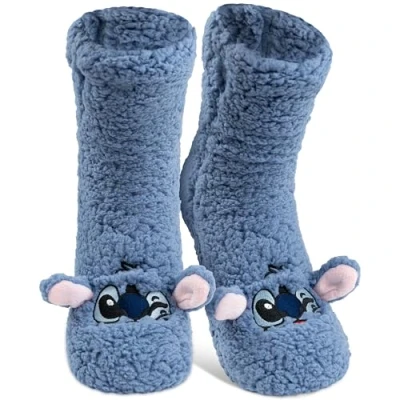 Abbildung von Disney Lilo &amp; Stitch Hüttensocken Flauschige Sherpa Haussocken mit Ohren für Damen Kuschelsocken Wintersocken warme Frauen Socken OneSize Blau