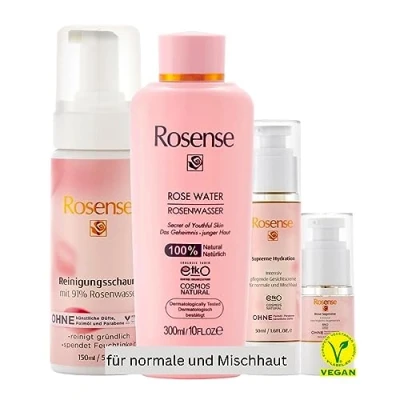 Abbildung von Rosense Pflegeset für normale/Mischhaut: Reinigungsschaum 150ml mit Panthenol, Rosenwasser/Gesichtswasser 300ml, Gesichtscreme Hyaluronsäure 50ml, Augenserum 15ml Hautpflegepaket