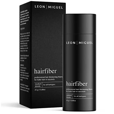 Abbildung von LEON MIGUEL Hair Fiber Haarverdichtung Premium Streuhaar/Schütthaar mit Soforteffekt bei Geheimratsecken, Haarausfall und lichtem Haar Haarpuder 25g (Mittelblond)