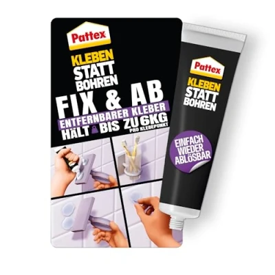 Abbildung von Pattex Kleben statt Bohren Fix &amp; Ab, ablösbarer Montagekleber, stark haftender Wandkleber für Regale und Wandbefestigungen, ohne Beschädigung ablösbar*, Kraftkleber hält bis zu 6kg**, 44g Tube