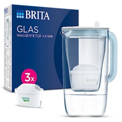 Abbildung von BRITA Glas Wasserfilter Kanne hellblau (2,5l) inkl. 3x MAXTRA PRO All in 1 Kartusche Premium Design aus Glas, robust &amp; leicht / reduziert Kalk, Chlor, Metalle wie Blei Kupfer
