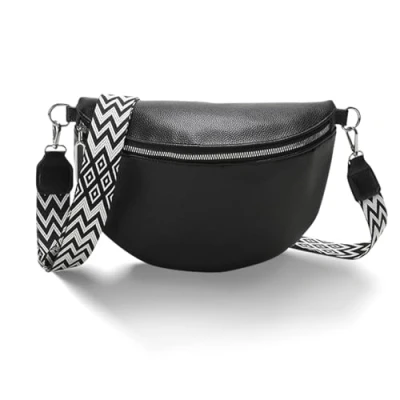Abbildung von VidFair Umhängetasche Damen Groß Bauchtasche Stylisch Elegante Moderne Leder Wasserabweisend Crossbody Bag Breiter Gurt Taschen mit Abnehmbarem Schultergurt Festival Reise Alltag Schwarz
