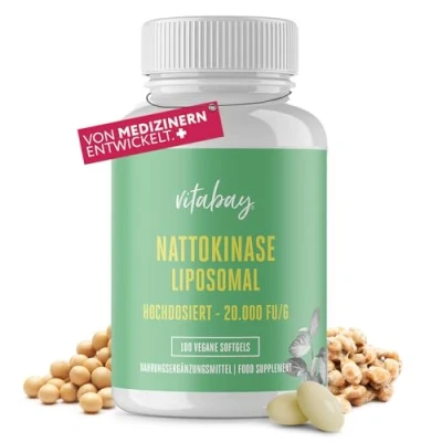 Abbildung von Vitabay Nattokinase Kapseln hochdosiert 20.000 FU Liposomal &amp; Vegan 180 Enzym Natto fermentierte Sojabohnen Tabletten Natokinase L