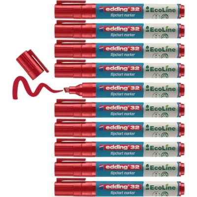 Abbildung von edding 32 EcoLine Flipchartmarker rot 10 Stifte Keilspitze 1 5 mm zum Schreiben, Zeichnen auf Flipcharts Tinte schlägt nicht durch Papier trocknet aus nachfüllbar