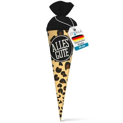 Abbildung von itenga Geschwisterschultüte 35cm Tiermuster Geschenkverpackung Schultüte Erwachsene (Leopard mit Text Alles Gute)