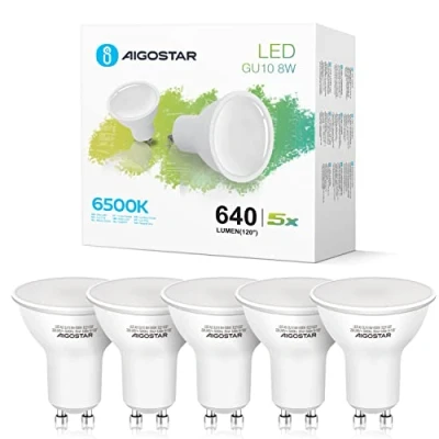 Abbildung von Aigostar GU10 LED Kaltweiß 8W Leuchtmittel， Glühbirnen 640 Lumpe 6500K， Abstrahlwinkel 100 120 Grad， Kaltweiss Lampe Strahler Flimmerfrei nicht Dimmbar Reflektorlampe 5er Pack
