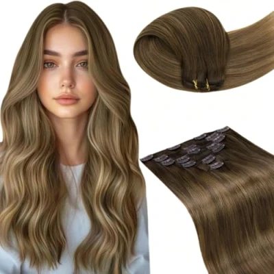 Abbildung von LaaVoo Clip in Extensions Echthaar Balayage Braun Hellbraun Ombre Dunkelgoldblond Haarverlängerung Double Weft #6/8/14 35cm 105g 7Stück