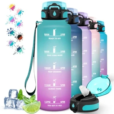 Abbildung von Trinkflasche, Wasserflasche 1 5 liter, Trinkflasche Sport mit Zeitmarkierung, Strohhalm, für Kohlensäurehaltige Getränke, Kann Dir Tragen, Yoga, Camping, Running