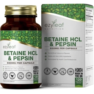 Abbildung von Ezyleaf Betain HCL Pepsin 680mg 120 Vegane Betaine Kapseln Betainhydrochlorid mit Verdauungsenzyme Ohne künstliche Inhaltsstoffe ISO Zertifikat, Gluten &amp; Gentechnikfrei Aus GB