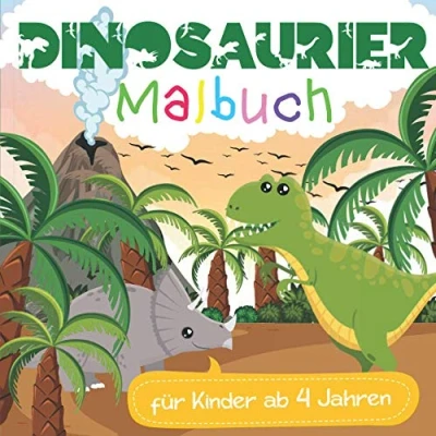 Abbildung von Dinosaurier Malbuch für Kinder ab 4 Jahren: Tyrannosaurus Rex, Triceratops, Mammut, Säbelzahntiger, Velociraptor und vielen weiteren Ausmalmotiven
