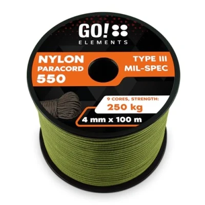 Abbildung von GO!elements 100m Paracord Seil aus reißfester Nylonschnur 4mm 550 Typ III Schnur geeignet als Allzweckseil &amp; Reepschnur Max. 250kg, Farbe:Oliv