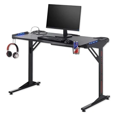 Abbildung von Stella Trading BC 3110 Gaming Tisch in Schwarz, Carbon Optik Schreibtisch mit LED Beleuchtung, USB Anschlüssen &amp; Getränkehalterung 119 x 78 60 cm (B/H/T)