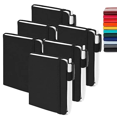 Abbildung von feela Notizbuch A6, 6 Stück Notizblock klein, Journale Buch Bulk mit Gelstiften schwarz, 112 Seiten, 80GSM, 9x14cm, Mini liniert geeignet für Büro, Schule, Notizheft PU Leder, schwar