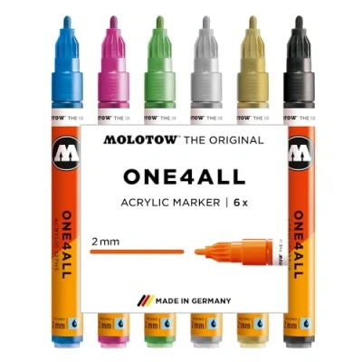 Abbildung von Molotow One4All 127HS Acryl Marker Metallic Set (2,0 mm Strichstärke, hochdeckend und permanent, schnell trocknend, nachfüllbar, für fast alle Untergründe) 6 Stück sortiert