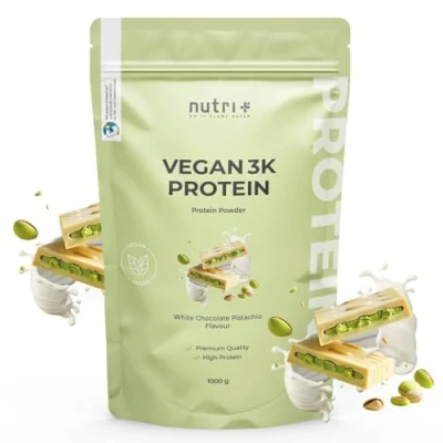 Abbildung von Nutri + Veganes Proteinpulver Weiße Schokolade Pistazie 1 kg 76% Eiweiß 3k Eiweißpulver Protein Pulver Vegan 1000 g White Chocolate