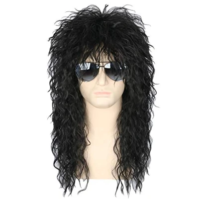 Abbildung von Topcosplay Herren 80er Jahre Vokuhila Perücke Rocker Punk Popstar Schwarz Lange Lockig Mullet für Halloween Kostüm Fasching Karneval