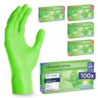 Abbildung von ARNOMED Einweghandschuhe Grün 100 Stück/Box, Nitrilhandschuhe XL, Einmalhandschuhe, Handschuhe Einweg puderfrei, latexfreie Gummihandschuhe, in XS, S, M, L &amp; XL verfügbar