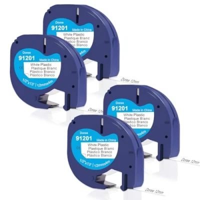 Abbildung von Doree Kompatibles Letratag 91221/91201,12 mm x 4 m, Schwarz auf Weiß,Hochgradig wasserfestes kunststoff band,Kompatibel mit Dymo LT 100H 100T XR 200B (4er Pack)