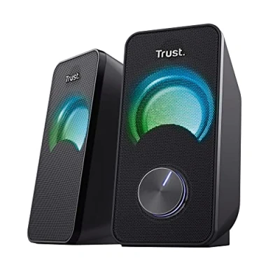Abbildung von Trust Arys 2.0 PC Lautsprecher mit RGB LED Beleuchtung, 12 W (6 RMS), USB Betrieb Kompaktes Lautsprecherset, Lautstärkeregelung, 3,5 mm AUX Klinke, Computer Boxen für Laptop Schwarz