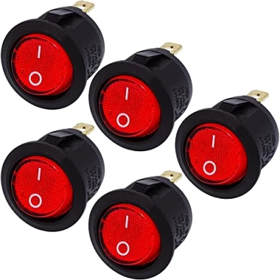 Abbildung von mmtrade 5x Kippschalter rot beleuchtet 6A 230V AC, ON OFF Stellung SPST, einrastbare mit Selbsthemmung runde Schalter Wippschalter