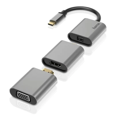 Abbildung von Hama Adapter Set, 6in1 Hub mit USB C (USB Mini DisplayPort, HDMI™, VGA für PC, Notebook, Tablet, TV oder Beamer, Ultra HD Kinoqualität 4K, kompatibel Thunderbolt) Aluminium
