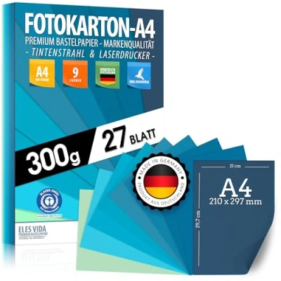Abbildung von 27 Blatt FOTOKARTON A4 Wasser und Blautöne Papier 300g /m² Set 9 Farben Stabil Bastelpapier &amp; Farbige Blätter, Meer, Marine, Blue Cyan Azur Ozean BLAUER ENGEL zertifiziert MADE IN GERMANY