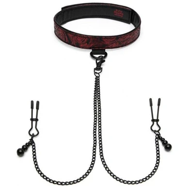 Abbildung von Halsfessel mit Nippelklemmen „Sweet Anticipation Collar Nipple Clamps“, verstellbar