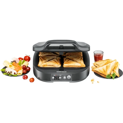 Abbildung von ROMMELSBACHER Sandwich Maker ST 1800, 4 XL Sandwiches, Antihaftbeschichtung, 15 Minuten Zeitschaltuhr, automatische Abschaltung, Cool Touch Gehäuse, 1800 Watt, schiefergrau