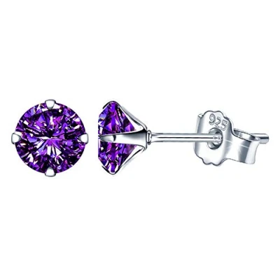 Abbildung von Yumilok Damen Ohrstecker 925 Sterling Silber Zirkonia Solitär lila 6mm Gestüt Piercing Ohrringe Ohrschmuck für Frauen Mädchen