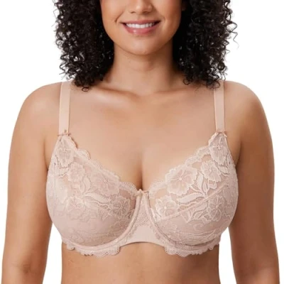 Abbildung von DELIMIRA Damen Vollschalen BH ungefütterte Spitze Tüll Cup,mit Bügel Beige 70I