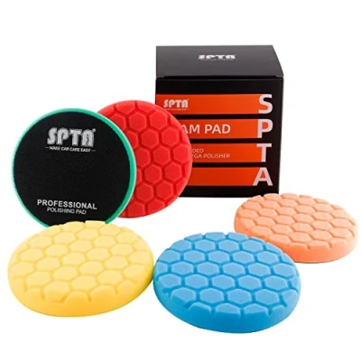 Abbildung von SPTA 150mm Polierpad Hex Logic Wachs Schwämme Auto Polierschwamm Polieren Pad Polierschaum Set für Exzenter Poliermaschine Schleifmaschine, Schwarz, Gelb, Orange, Gelb