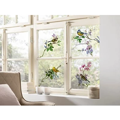 Abbildung von Fenstersticker Vögel Spring Fever Größe 31 x cm, 2 Bogen, selbsthaftend und neu platzierbar, Fensteraufkleber, Fensterfolie, Bird, Singvögel, Aquarell, Rotkehlchen, Stieglitz 16007
