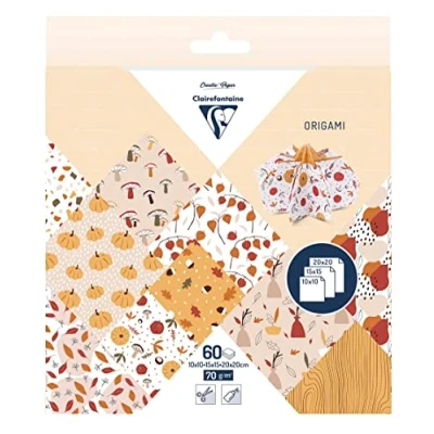 Abbildung von Clairefontaine 95379C Packung Origami Papier mit 60 Blatt in 3 Formaten ( 10x10cm 15x15cm 20x20cm) 70g, Herbst, 1 Pack