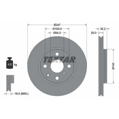 Abbildung von TEXTAR PRO 92141903 Bremsscheibe 247 20 04/07 100 außenbelüftet beschichtet ohne Radbefestigungsbolzen, Radnabe CITROËN: C1 II, I