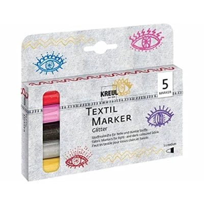 Abbildung von KREUL 92651 Textil Marker Set Glitter, medium, 5 Stück, Strichstärke 2 bis 4 mm, auf Wasserbasis, halbdeckende Stoffmalstifte mit Glitzereffekt