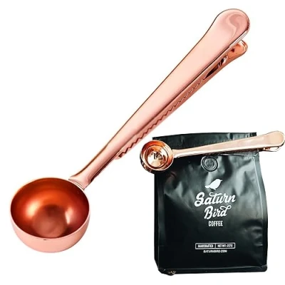 Abbildung von MINGZE Kaffeedosierlöffel Mit Klammer Aus Edelstahl, Kaffee Schaufel Kaffeemaß Kaffeelöffel Prämien Edelstahl Schaufeln Und Tee Integriertem Beutel Klipp (Roségold)