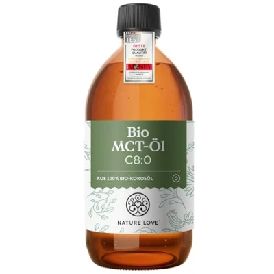 Abbildung von NATURE LOVE® Bio MCT Öl C8 500ml für deine Keto Diät aus 100% Kokosöl Ketogene Ernährung geschmacks und geruchsneutral exogene Ketone vegan