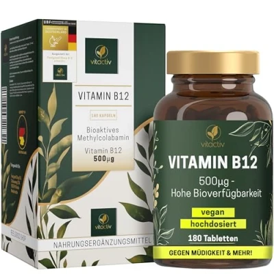 Abbildung von VITACTIV Vitamin B12 Tabletten Hochdosiert 180 Stk für Tage Bioaktives Methylcolabamin, 500μg Hohe Bioverfügbarkeit, Vegan, kein Magnesiumstearat, Laborgeprüft in Deutschland