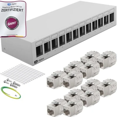 Abbildung von HB DIGITAL 12 Port Patchpanel Patchfeld Verteilerfeld 1 HE 12x CAT 8 RJ45 Keystone Jack Modul GHMT Zertifiziert vollgeschirmt STP 40 Gbps Kompatibel mit Verlegekabel Netzwerkkabel LAN Hellgrau
