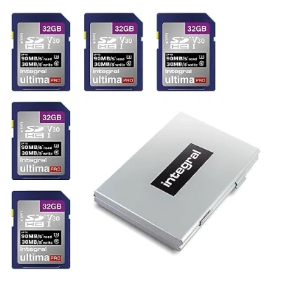 Abbildung von Integral SD Karte 32GB mit 6 Slot Kartenhalter Metall 4K Ultra HD Video Premium High Speed 90MB/s Lesen und 30MB/s Schreiben SDHC V30 UHS I U3 Class 10 Speicherkarte 5 Pack
