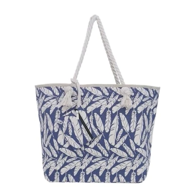 Abbildung von DonDon Strandtasche XXL Familie Badetasche Damen mit Reißverschluss Beach bag groß Federn blau beige