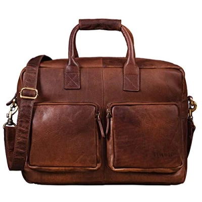 Abbildung von STILORD &#039;Henri&#039; Bürotasche Leder braun 15,6 Zoll Vintage Laptop Aktentasche Businesstasche Lehrertasche Büffelleder Cognac Dunkelbraun