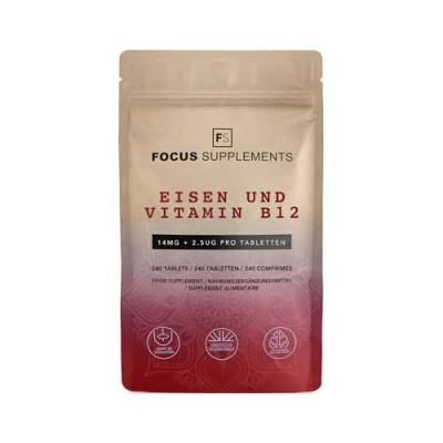 Abbildung von FS Eisen mit B12 Hochdosiert Vitamin 240 Tablettten 14mg &amp; 2,5µg pro Portion Gentechnik , gluten und allergenfrei Hergestellt in GB
