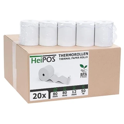 Abbildung von HeiGroup HeiPOS 20x Thermorollen BPA frei (B/Ø) 80mm / Länge 80m, Kern Ø 12mm, Flächengewicht 52 g/m2, Dicke 60 µm, 10 Jahre Haltbarkeit