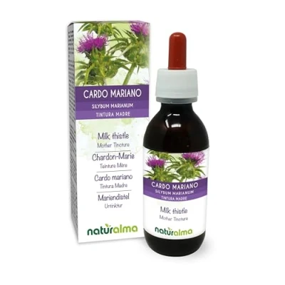 Abbildung von Mariendistel (Silybum marianum) Kraut und Früchte Alkoholfreier Urtinktur Naturalma Flüssig Extrakt Tropfen 120 ml Nahrungsergänzungsmittel Veganer