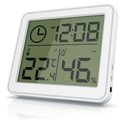 Abbildung von CSL digitales Mini Thermo Hygrometer, Thermometer innen, Raumthermometer, Temperatur und Luftfeuchtigkeitsmessgerät mit Standfuß Magnet, LCD Anzeige, Weiß